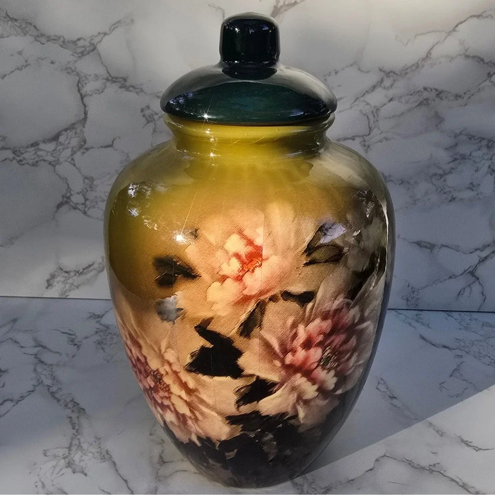 Vintage Peony  Large Floral Ceramic Ginger Jar Yellow Pink Vase Lid